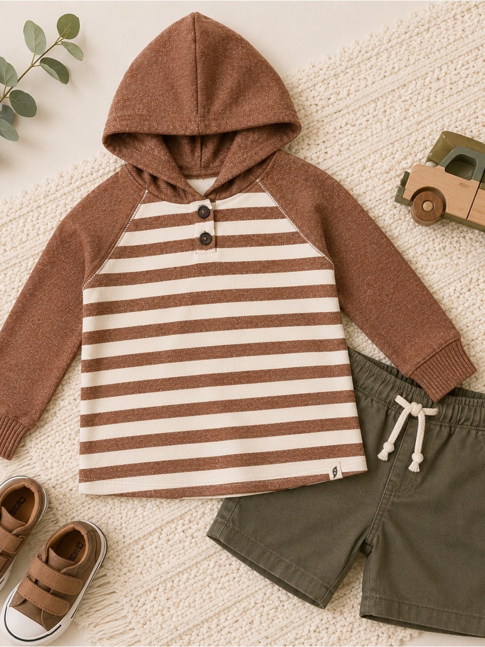 Easy-Peasy Boys Striped Hooded Shirt Hoodie Brown Cream NWT
